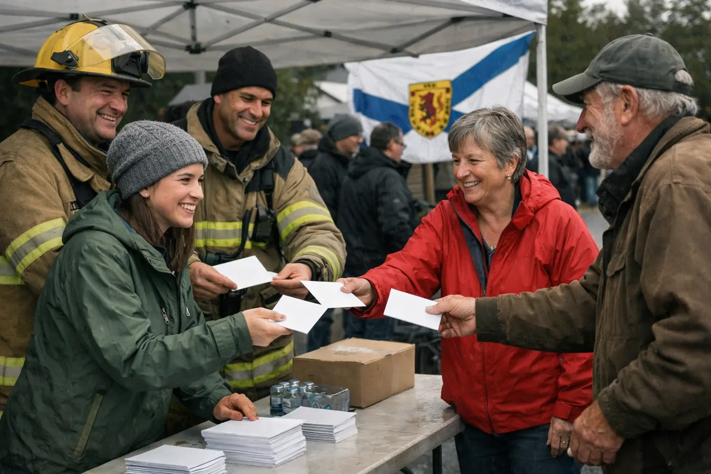 Firefighters and volunteers at a community booth in Nova Scotia