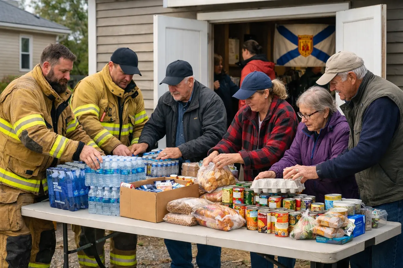 Volunteers and a firefighter collaborating at a station to support Nova Scotia firefighters.