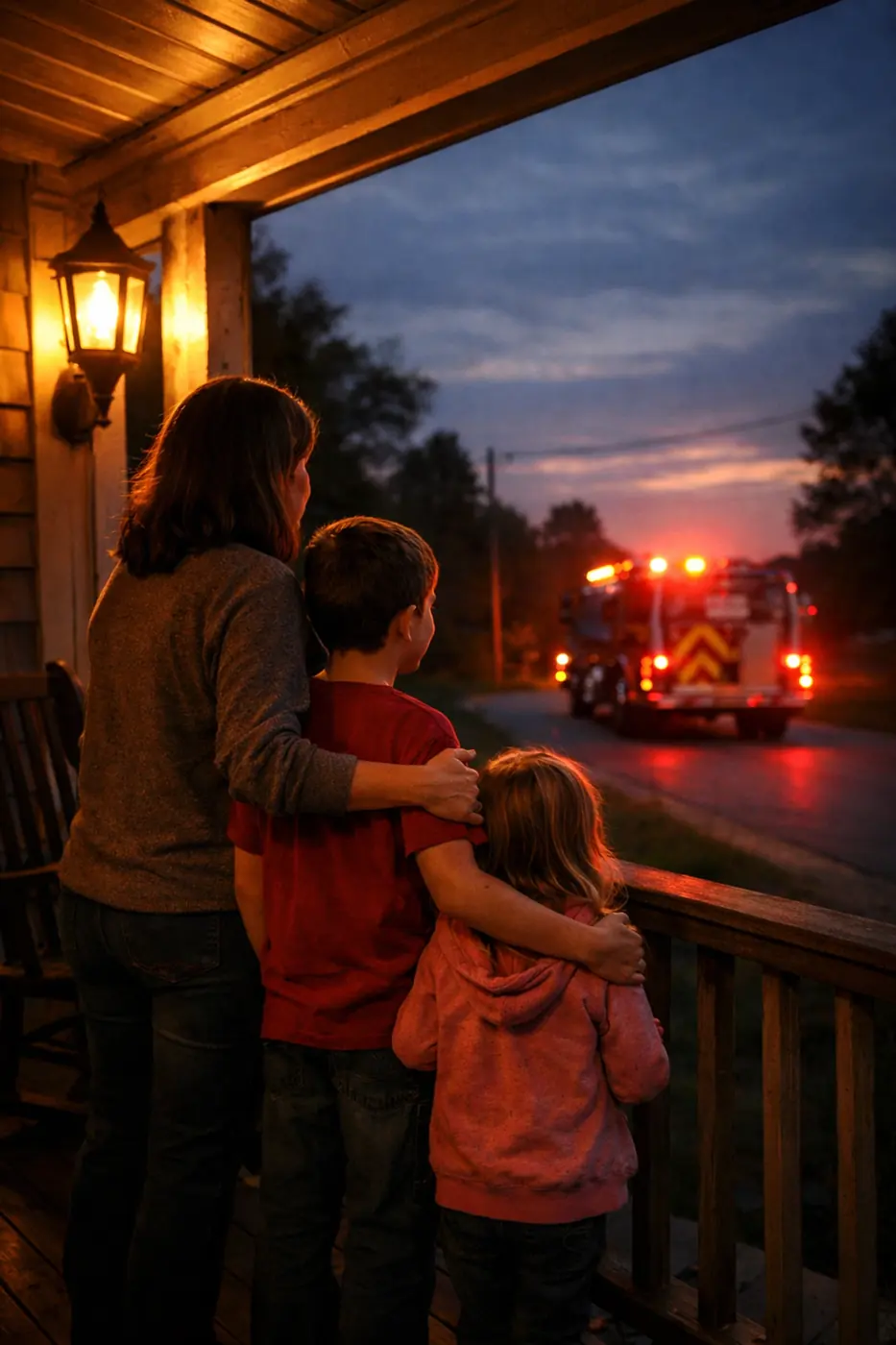 Firefighter family watching volunteer leave for emergency call