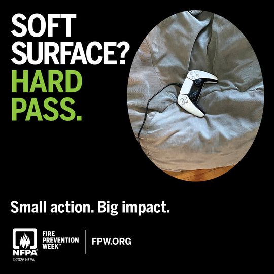 NFPA Fire Prevention Week card: Soft surface? Hard pass. Small action. Big impact.
