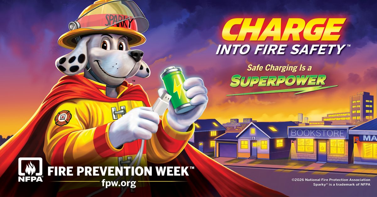 Official Fire Prevention Week 2026 artwork: Charge into Fire Safety, Safe Charging Is a Superpower